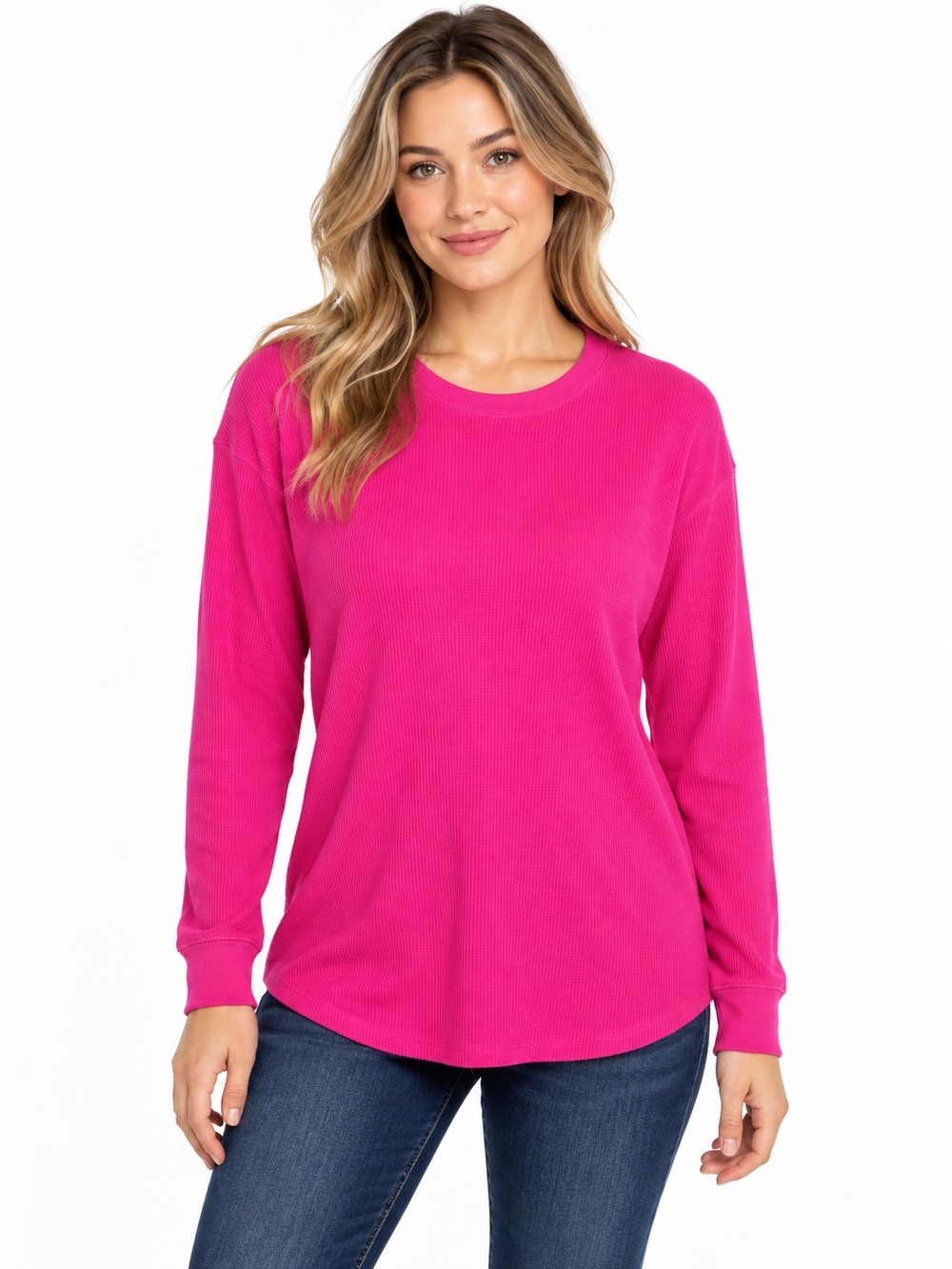 Long Sleeve Crewneck Thermal Top- Hot Pink